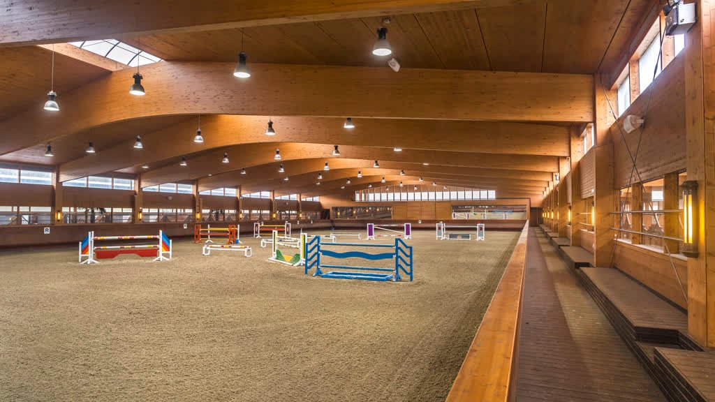 Reiterhof mit großer Reithalle und Stallungen — Flächen und Grundstück aus der Halle gesehen
